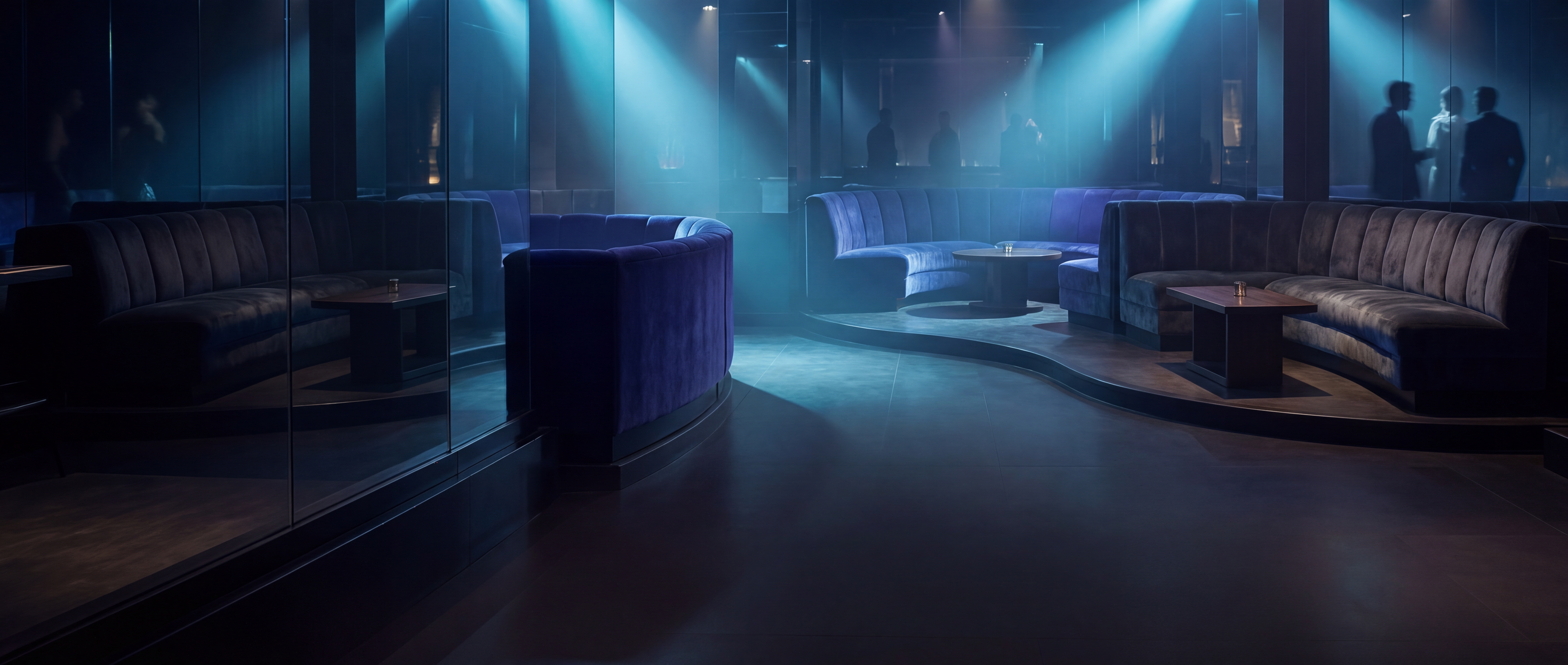 A moody upscale lounge interior with cyan light beams and dark negative space.